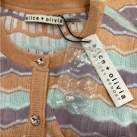 Alice + Olivia Wave Stripe Summer Knit Cardigan In Pastels Size Small - Picture 8 of 11
